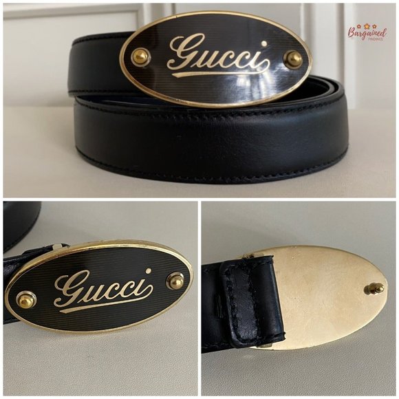 Authentic GUCCI Black Calfskin Leather Gold Signature Oval Buckle Belt 80/32 main image 11